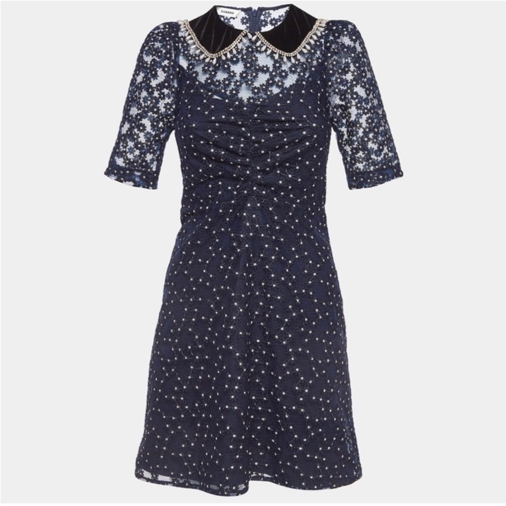 SANDRO Lucianita Dress Navy Lace Mini Dress with Beaded Collar 38 - Picture 2 of 15